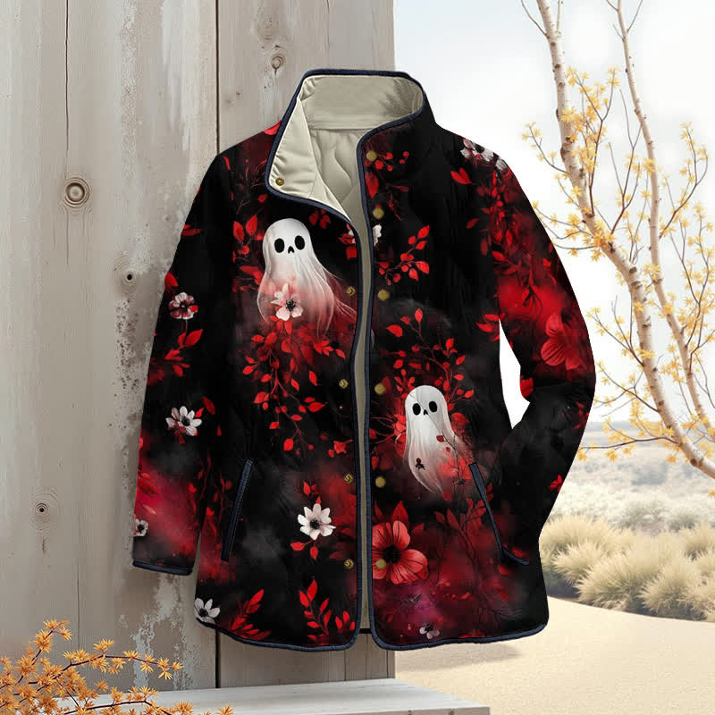 Ghost In The Flowers Halloween Print Outerwear Jackets - Red - 4XL - image 1