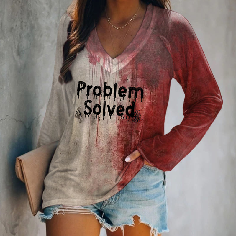 Women's Bloody Problem Solved Halloween Print V-neck Long Sleeve T-shirt - Red - 5XL - image 1