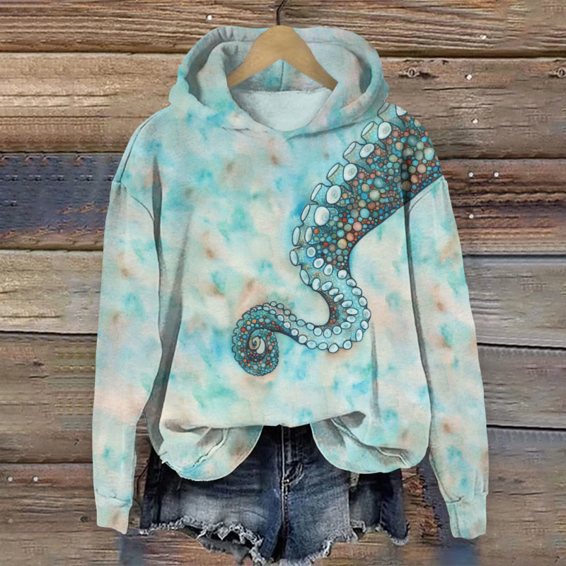 Watercolor Octopus Print Long Sleeve Hoodie - Light Green - US44-46(8XL) - image 1