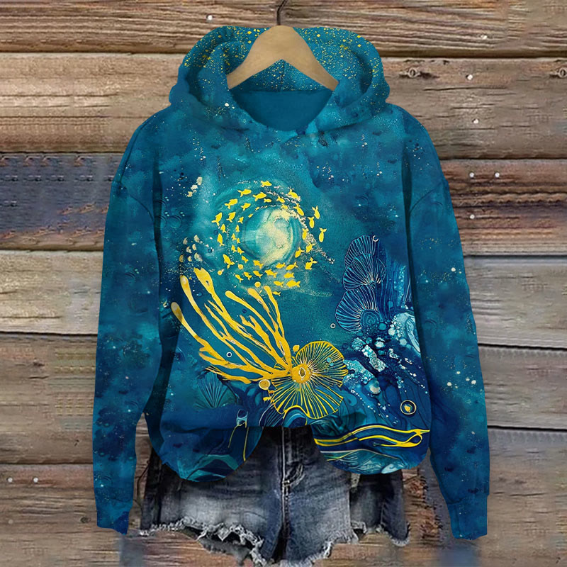 Ocean Fish & Coral Print Long Sleeve Hoodie - Lake Blue - US44-46(8XL) - image 1