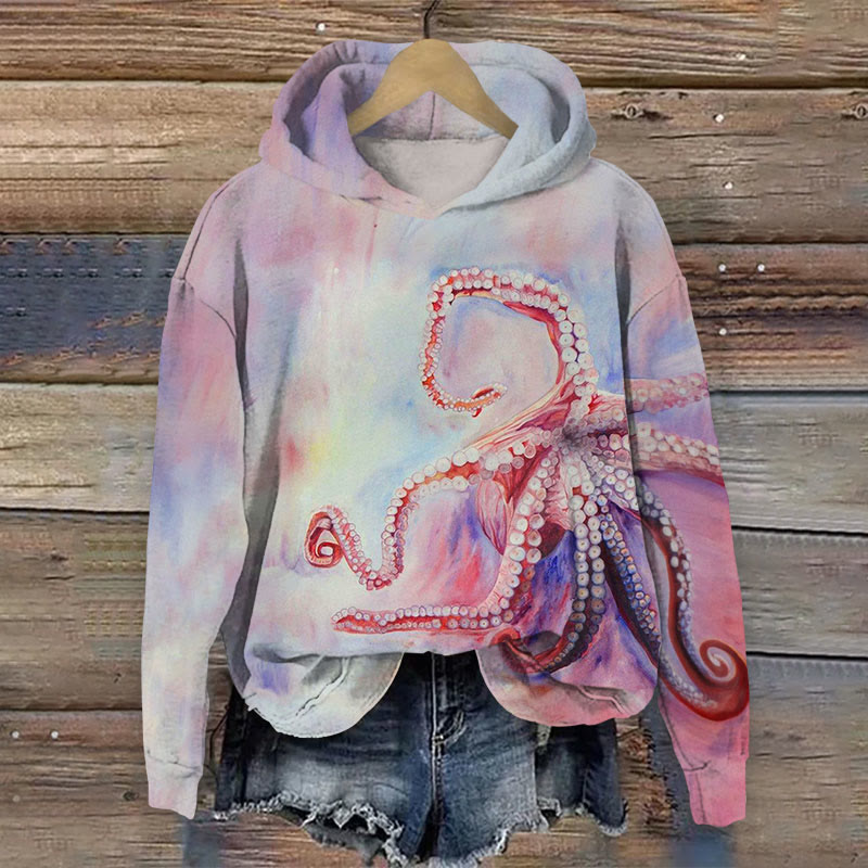 Watercolor Octopus Print Long Sleeve Hoodie - Multicolor - US44-46(8XL) - image 1