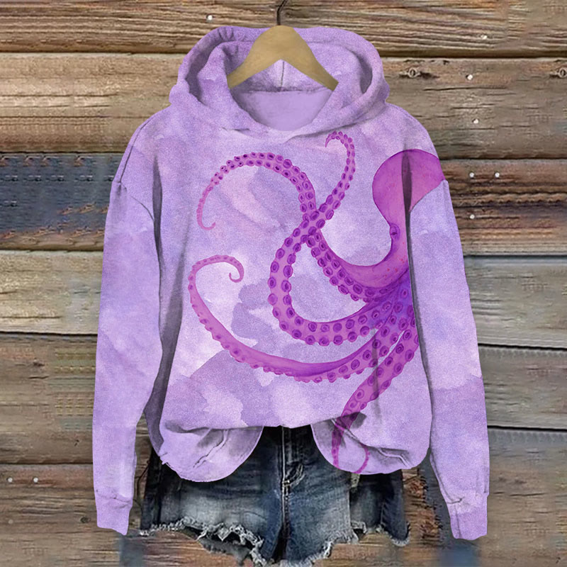 Watercolor Octopus Print Long Sleeve Hoodie - Purple - US44-46(8XL) - image 1