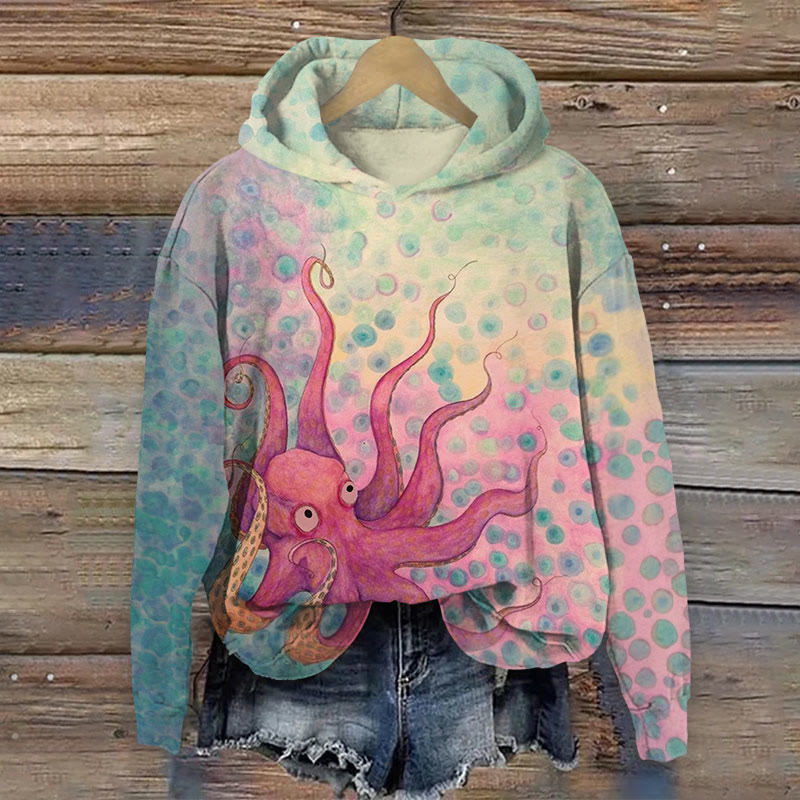 Watercolor Octopus Print Long Sleeve Hoodie - Green - US44-46(8XL) - image 1