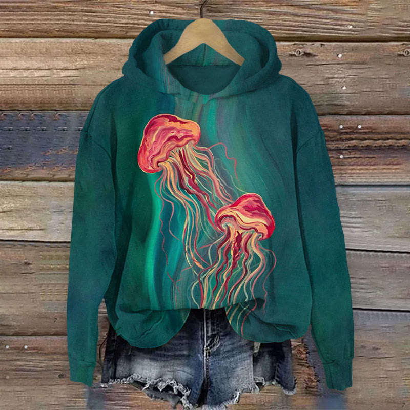 Ocean Jellyfish Print Long Sleeve Hoodie - Dark Green - US44-46(8XL) - image 1