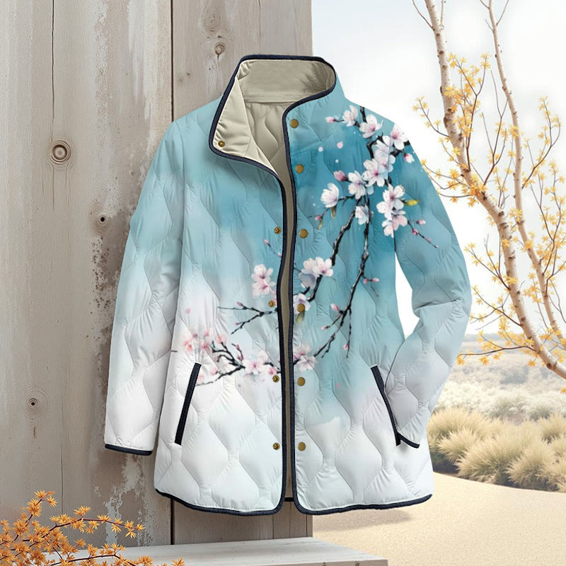 Japanese Ink Painting Flowers Print Outerwear Jackets - Sky Blue - 4XL - image 1