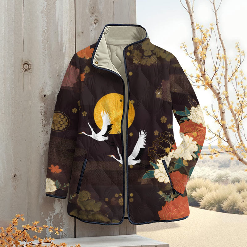 Vintage Japanese Peony Crane Art Print Outerwear Jackets - Brown - 4XL - image 1