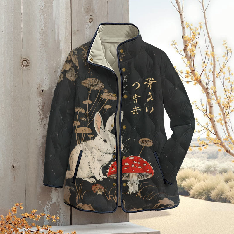 Vintage Rabbit And Vibrant Mushroom Print Outerwear Jackets - Black - 4XL - image 1