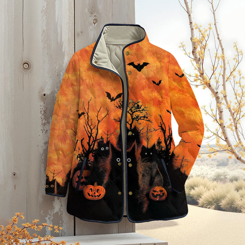 Halloween Black Cat Print Outerwear Jackets - Orange - 4XL - image 1
