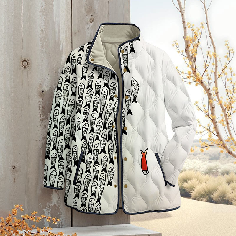 Cute Simple Lines Abstract Geometric Fish Art Print Outerwear Jackets - Beige - 4XL - image 1