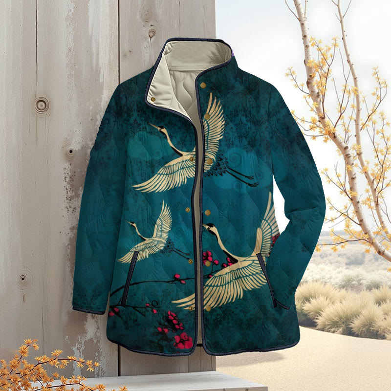 Women's Japanese Style Crane Art Print Outerwear Jackets - Dark Green - 4XL - image 1