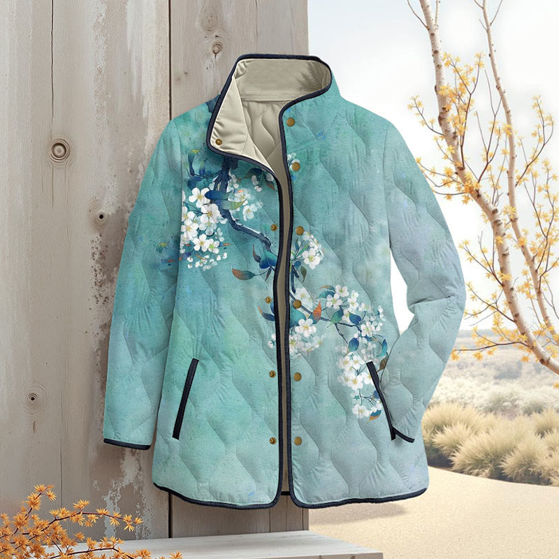 Japanese Antique Pear Blossom Ink Painting Print Outerwear Jackets - Light Blue - 4XL - image 1
