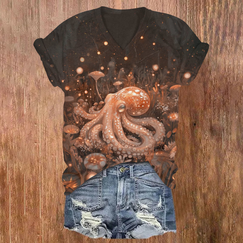 Octopus With Leaves Print V-neck T-shirt - Brown - US32-34(5XL) - image 1