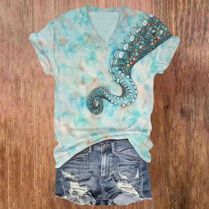 Watercolor Octopus Print V-neck T-shirt - Light Green - US32-34(5XL) - image 1