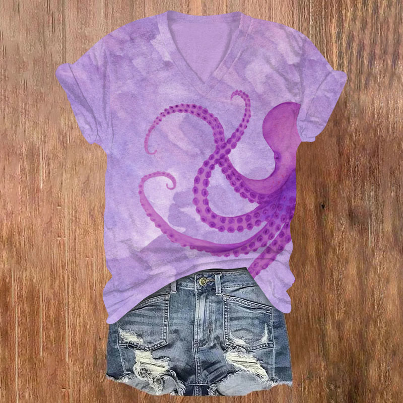 Watercolor Octopus Print V-neck T-shirt - Purple - US32-34(5XL) - image 1