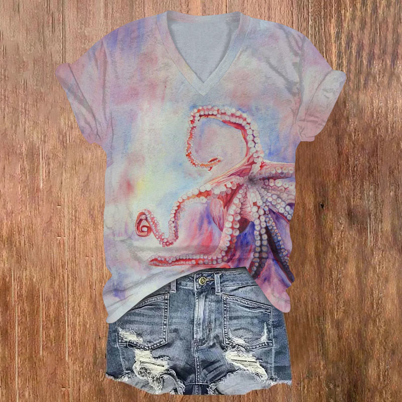 Watercolor Octopus Print V-neck T-shirt - Multicolor - US32-34(5XL) - image 1