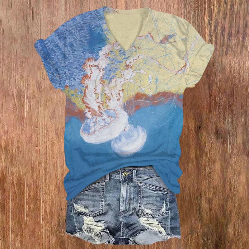 Watercolor Jellyfish Print V-neck T-shirt - Blue - US32-34(5XL) - image 1