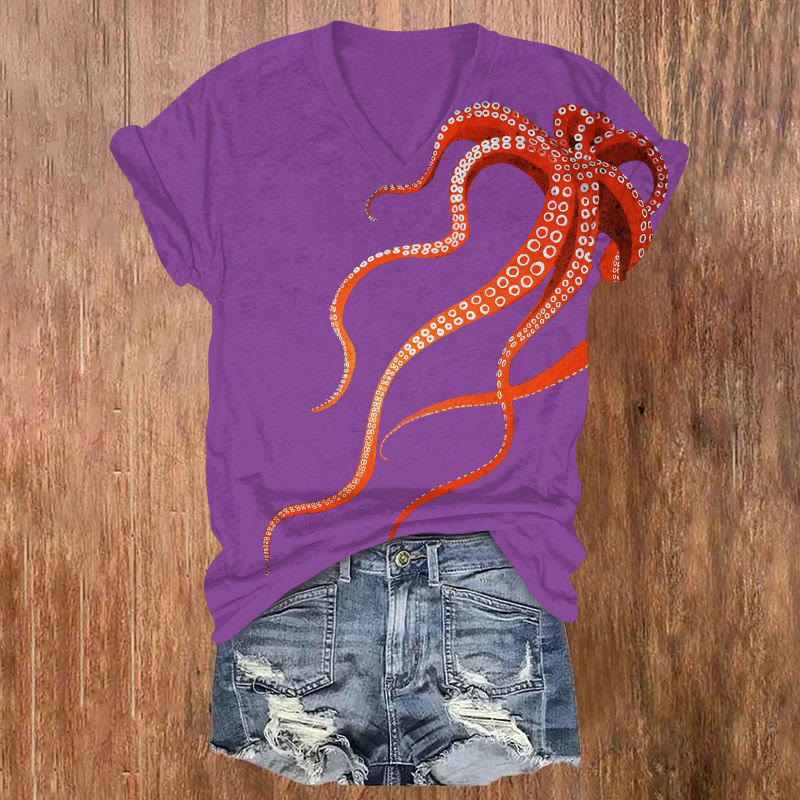 Ocean Octopus Print V-neck T-shirt - Purple - US32-34(5XL) - image 1