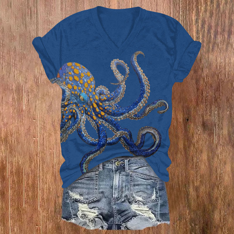 Ocean Octopus Print V-neck T-shirt - Blue - US32-34(5XL) - image 1