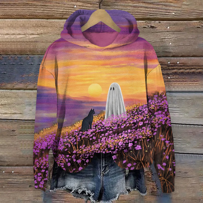 Halloween Cat & Ghoat In Flower Field Print Long Sleeve Hoodie - Purple - US44-46(8XL) - image 1