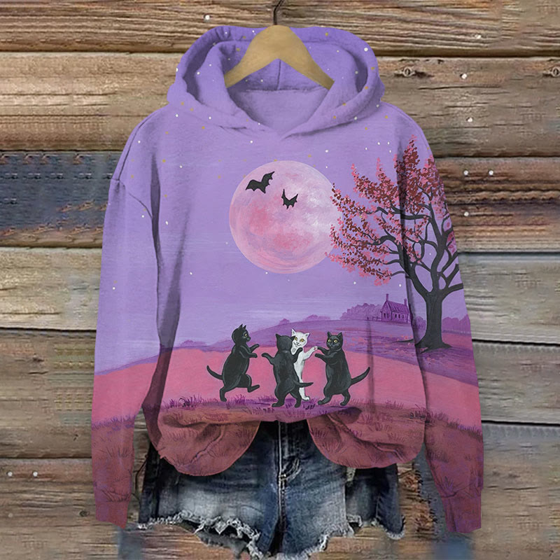 Halloween Cat & Bats Print Long Sleeve Hoodie - Purple - US44-46(8XL) - image 1