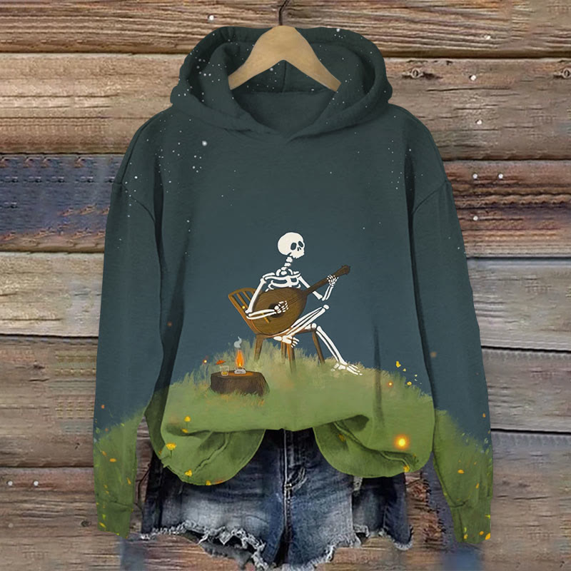 Halloween Skeleton Playing Guitar Print Long Sleeve Hoodie - Olive Green - US44-46(8XL) - image 1