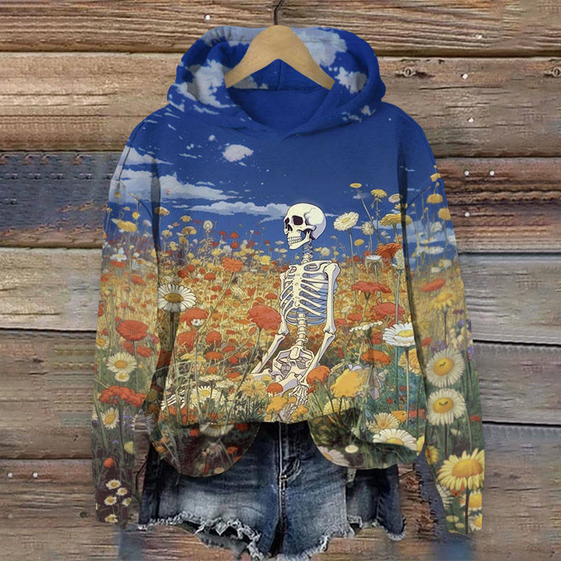 Halloween Skeleton In Flower Field Print Long Sleeve Hoodie - Blue - US44-46(8XL) - image 1