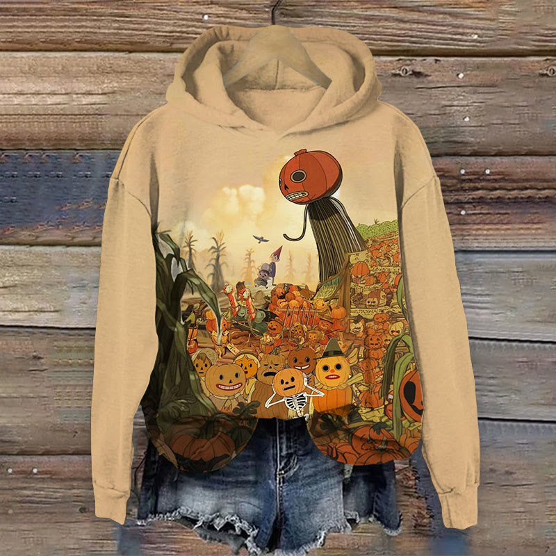 Halloween Skeleton & Pumpkin Print Long Sleeve Hoodie - Apricot - US44-46(8XL) - image 1