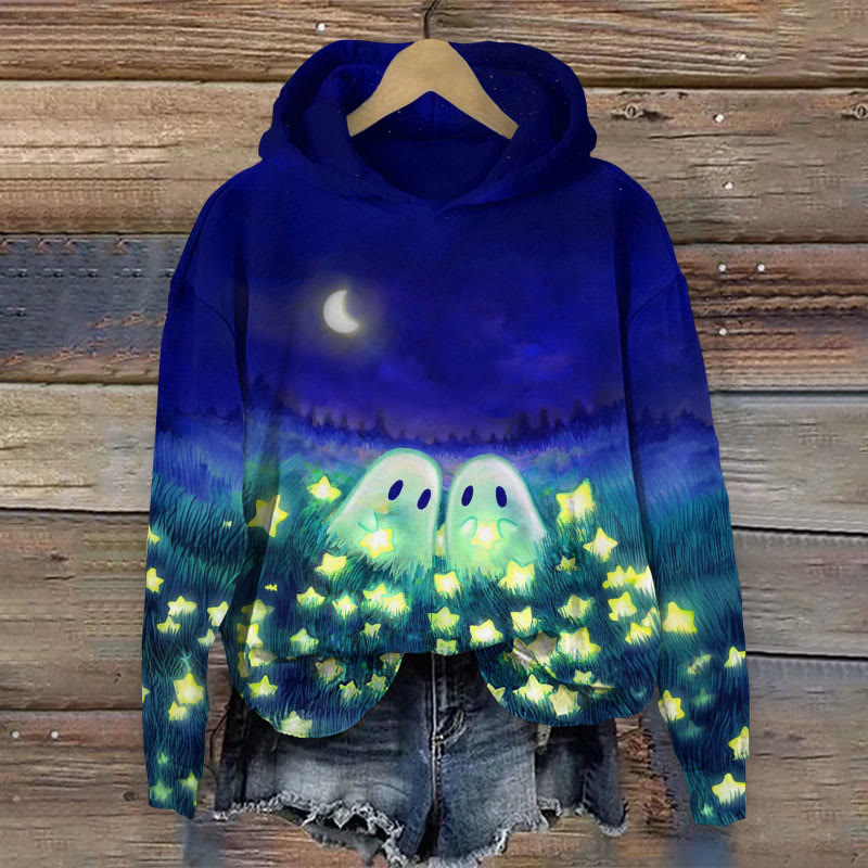 Halloween Cute Ghoats Print Long Sleeve Hoodie - Dark Blue - US44-46(8XL) - image 1
