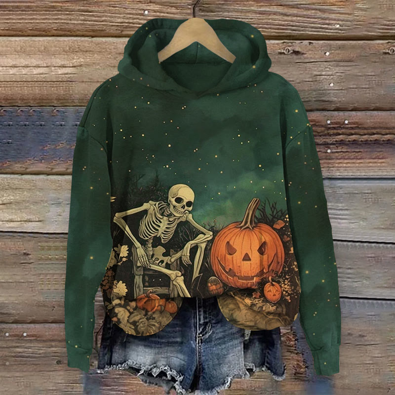 Halloween Skeleton With Pumpkin Print Long Sleeve Hoodie - Green - US44-46(8XL) - image 1