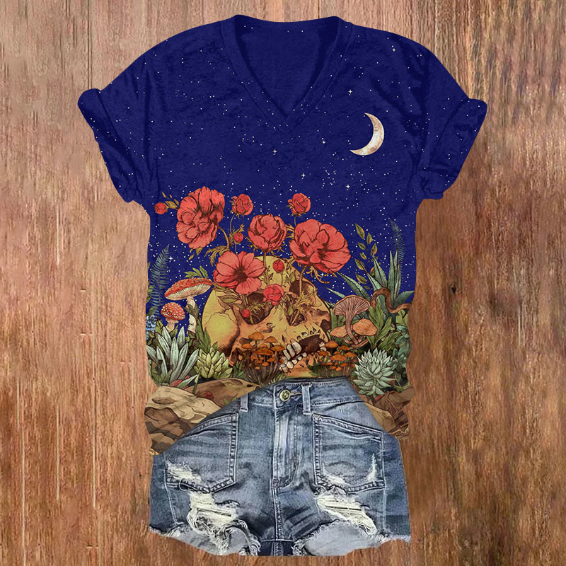 Halloween Skeleton & Flower Print V-neck T-shirt - Blue - US32-34(5XL) - image 1