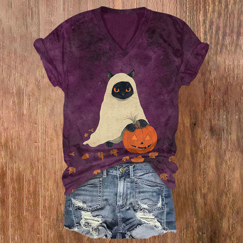 Halloween Cat & Pumpkin Print V-neck T-shirt - Purple - US32-34(5XL) - image 1
