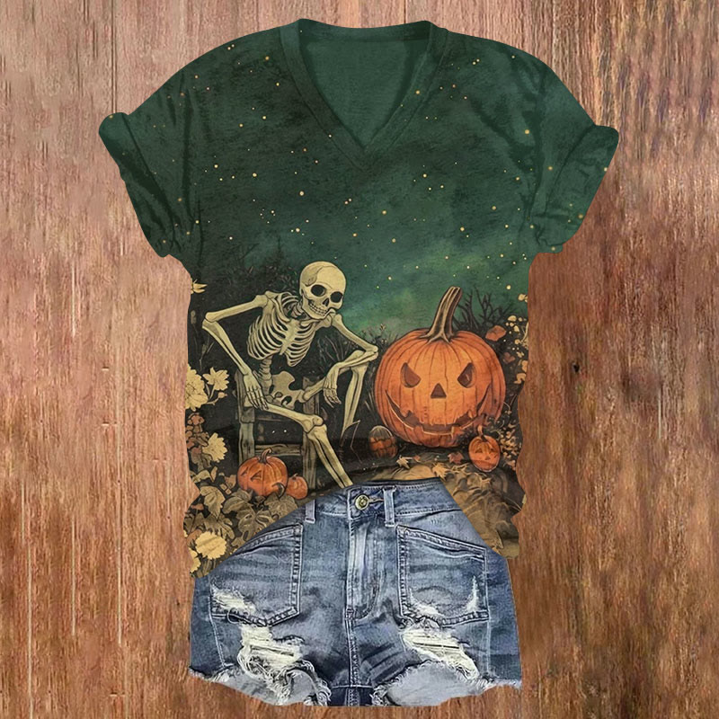 Halloween Skeleton & Pumpkin Print V-neck T-shirt - Green - US32-34(5XL) - image 1