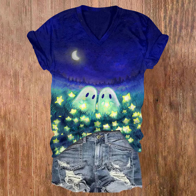 Halloween Cute Ghoats Print v-neck T-Shirt - Dark Blue - US32-34(5XL) - image 1