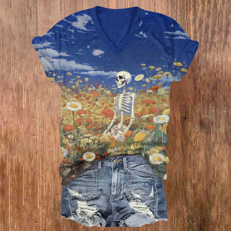Halloween Skeleton In Flower Field Print V-neck T-shirt - Blue - US32-34(5XL) - image 1