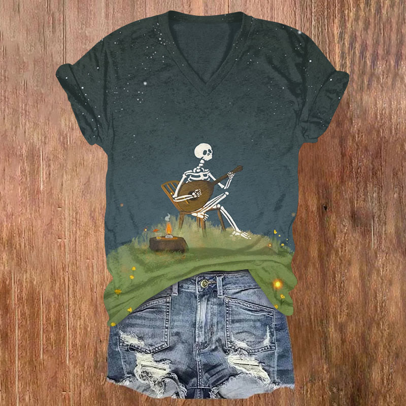Halloween Skeleton Playing Guitar Print V-neck T-shirt - Green - US32-34(5XL) - image 1