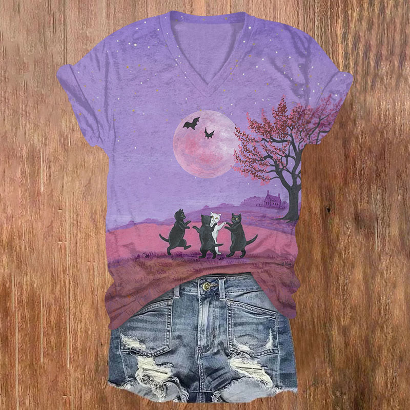 Halloween Cats & Bats Print V-neck T-shirt - Purple - US32-34(5XL) - image 1
