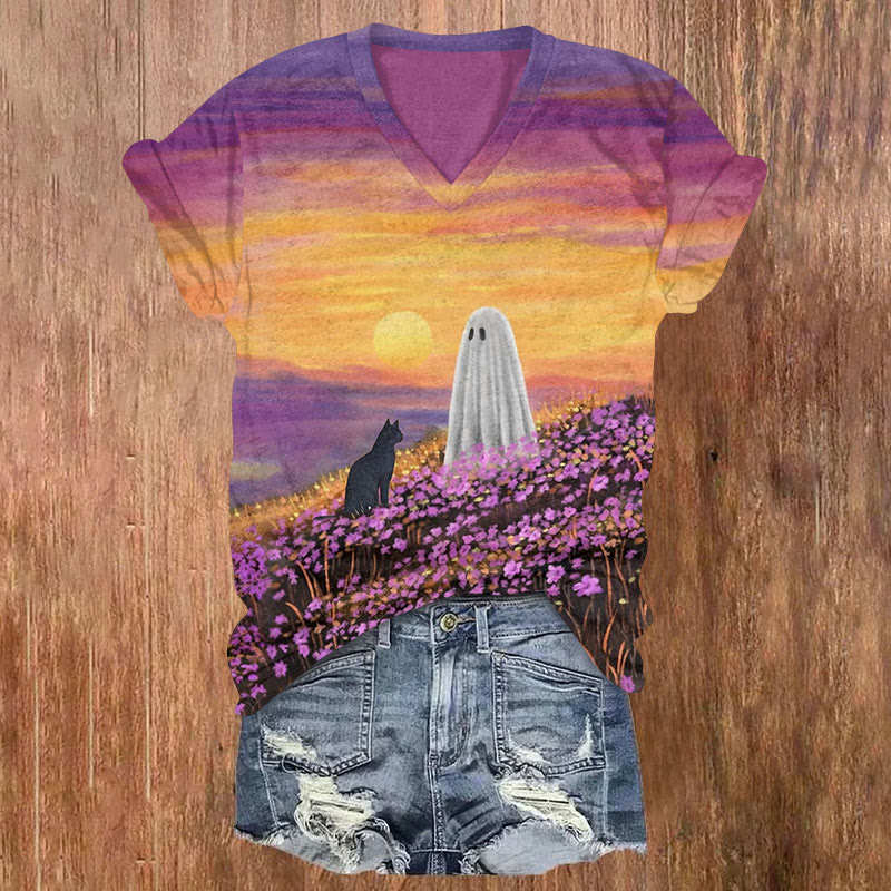 Halloween Ghoat & Cat In Flower Field Print V-neck T-shirt - Purple - US32-34(5XL) - image 1