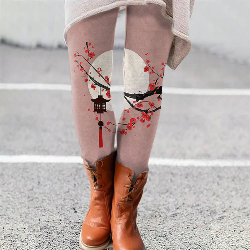 Japanese Sun & Lantern On Plum Blossom Art Print Leggings - Nude - 5XL - image 1