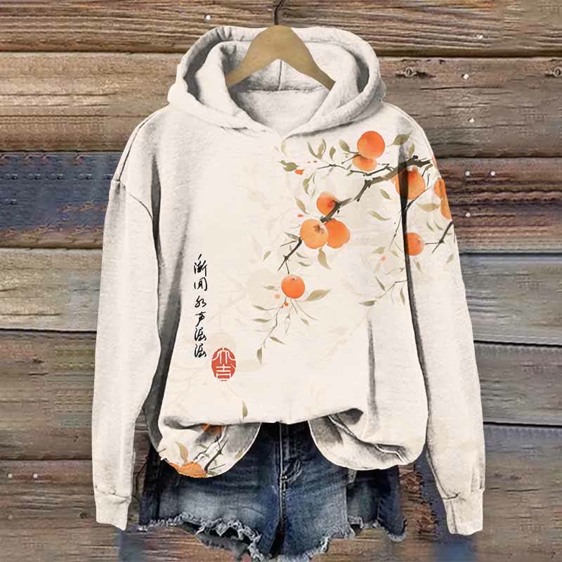Japanese Watercolor Persimmon Art Print Long Sleeve Hoodie - White - US44-46(8XL) - image 1