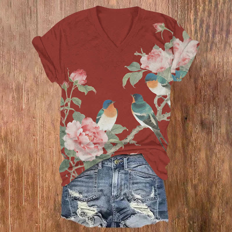 Vintage Rose Blossom & Bird Art Print V-neck T-shirt - Red - US32-34(5XL) - image 1