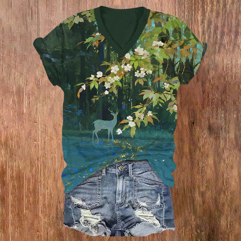 Japanese Watercolor Forest Deer Art Print V-neck T-shirt - Green - US32-34(5XL) - image 1