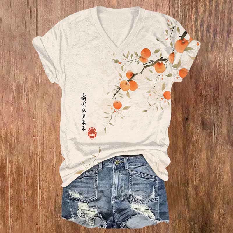 Japanese Watercolor Persimmon Art Print V-neck T-shirt - White - US32-34(5XL) - image 2