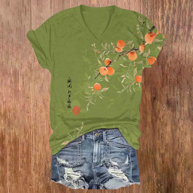 Japanese Watercolor Persimmon Art Print V-neck T-shirt - Green - US32-34(5XL) - image 1