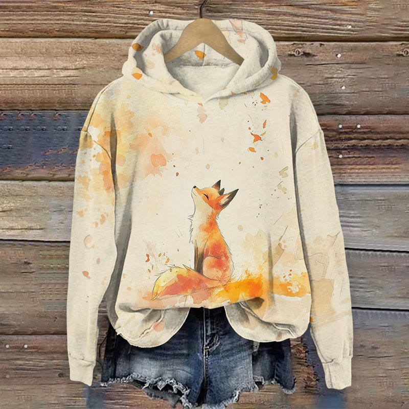 Fox In Fall Season Print Long Sleeve Hoodie - Apricot - US44-46(8XL) - image 1