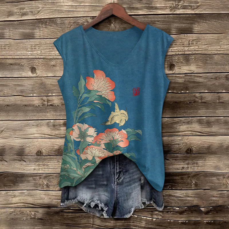 Flower Print V-neck Tank Top - Lake Blue - 5XL - image 1