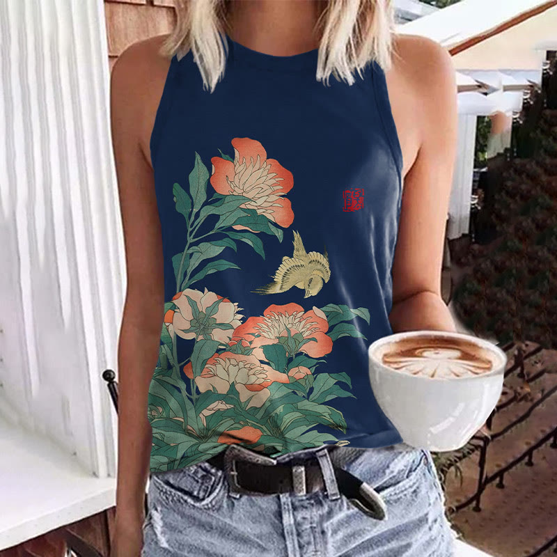 Flower Print Tank Top - Dark Blue - 5XL - image 4
