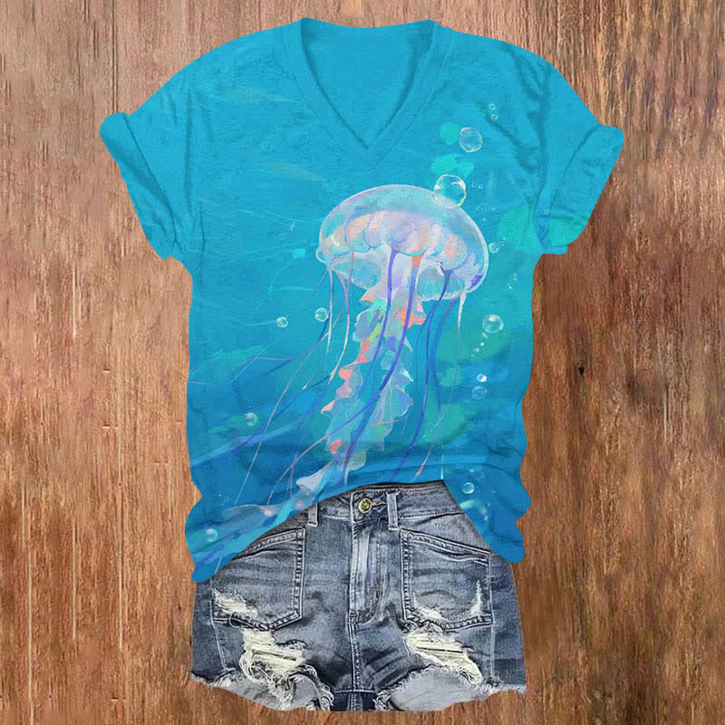 Vintage Lovely Bubble Jellyfish Art Print V-neck T-shirt - Blue - US32-34(5XL) - image 1