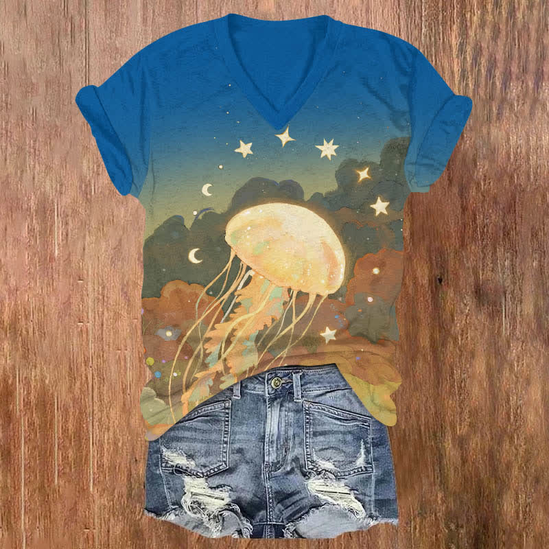 Oil Painting Star & Moon Around Jellyfish Print V-neck T-shirt - Blue - US32-34(5XL) - image 1