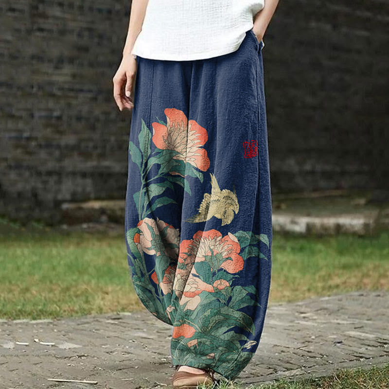 Flower Print Casual Pants - Dark Blue - 5XL - image 1