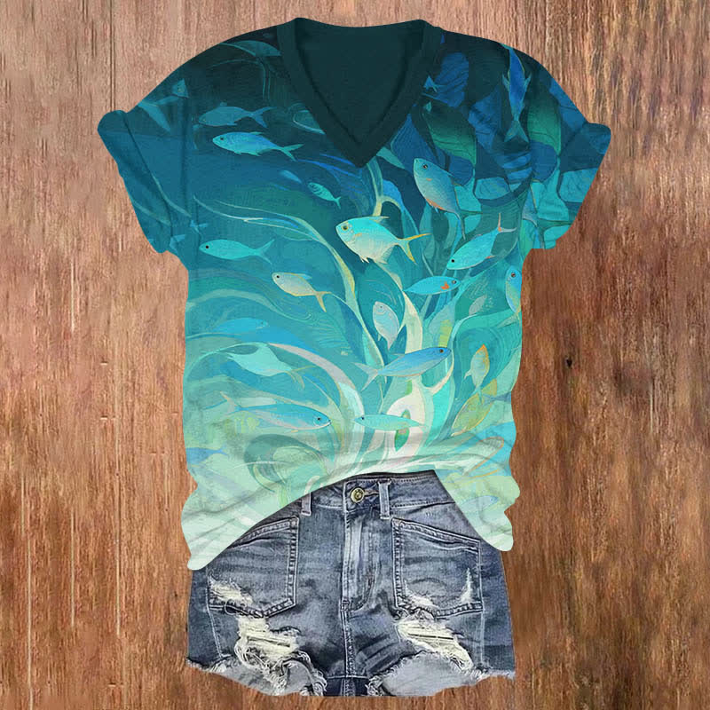 Glowing Small Tropical Fish School Art Print V-neck T-shirt - Green - US32-34(5XL) - image 1
